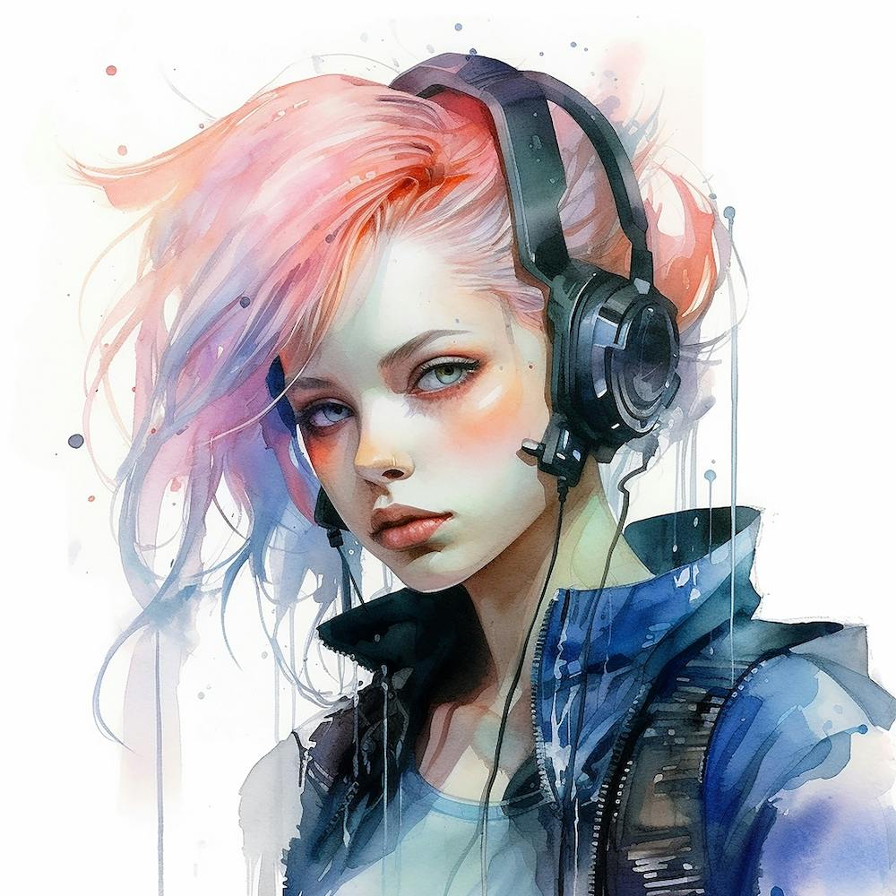 Cyborg Girl Watercolour & Ink Painting