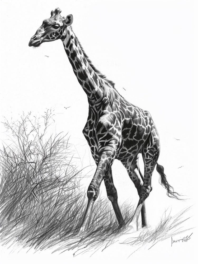 Giraffe In The Grass Pencil Drawing 3