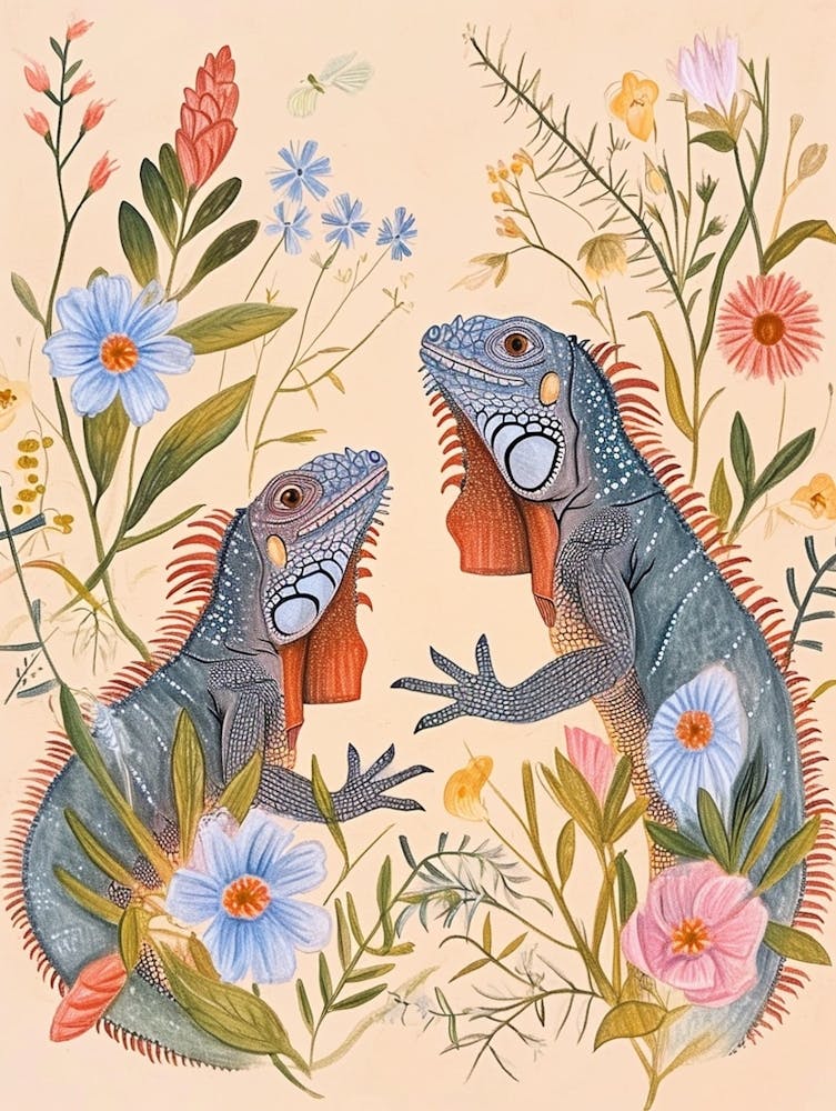 Folksy Floral Animal Drawing Iguana 3