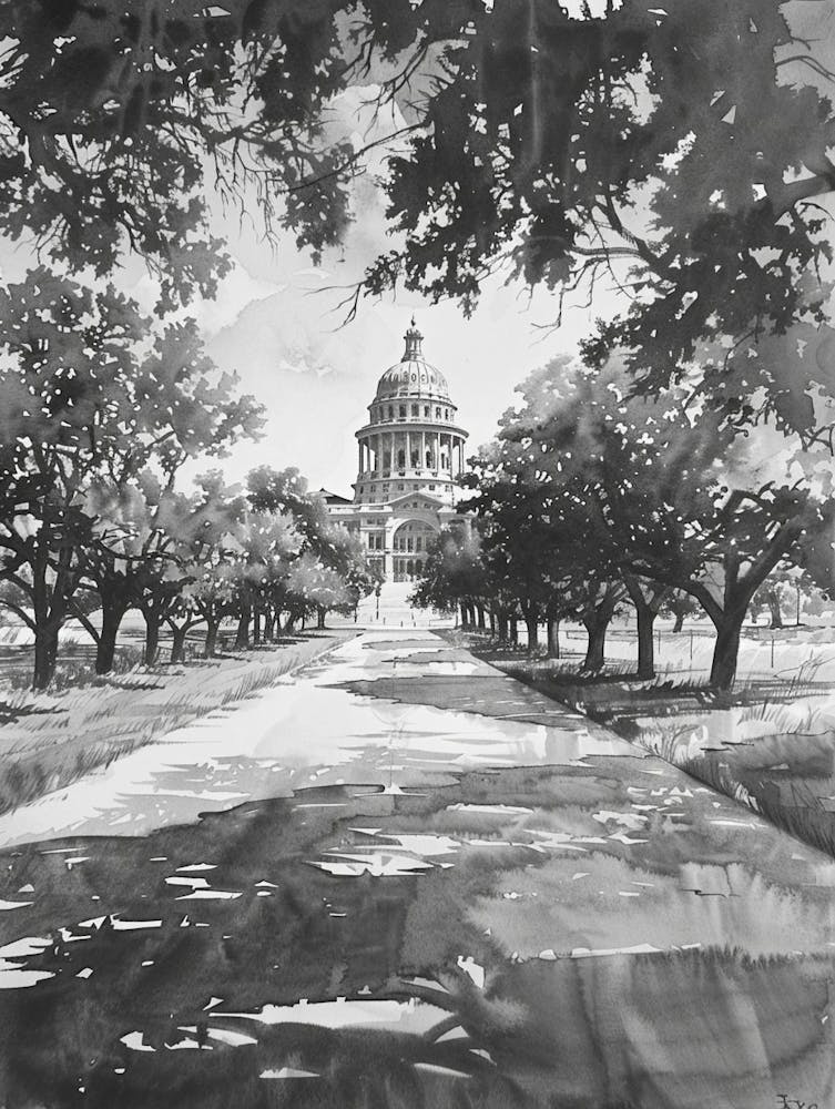 The Texas State Capitol Austin Texas Black And White Watercolour 3