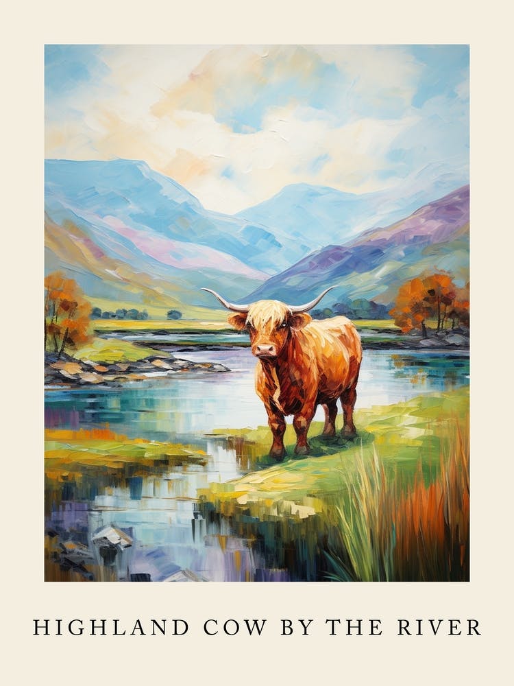 Highland Cow By The River Poster