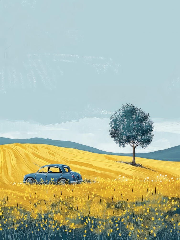 Blue Car In A Yellow Field Canvas Print