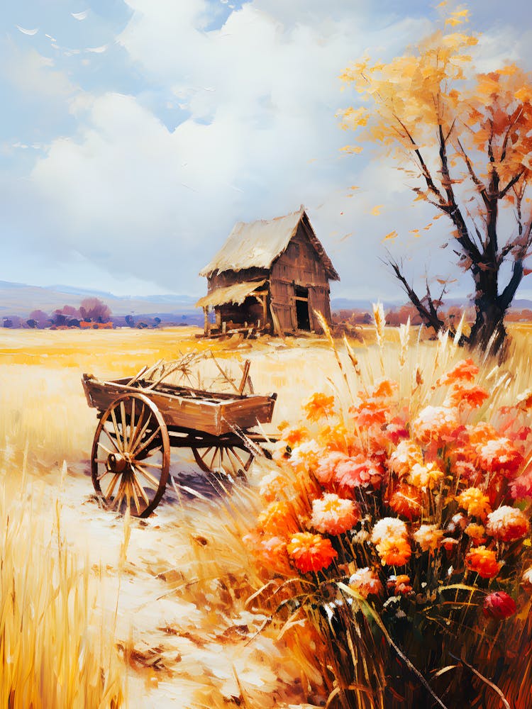 Rustic Farmhouse Landscape Wall Art Autumn Barn & Vintage Wooden Cart Painting