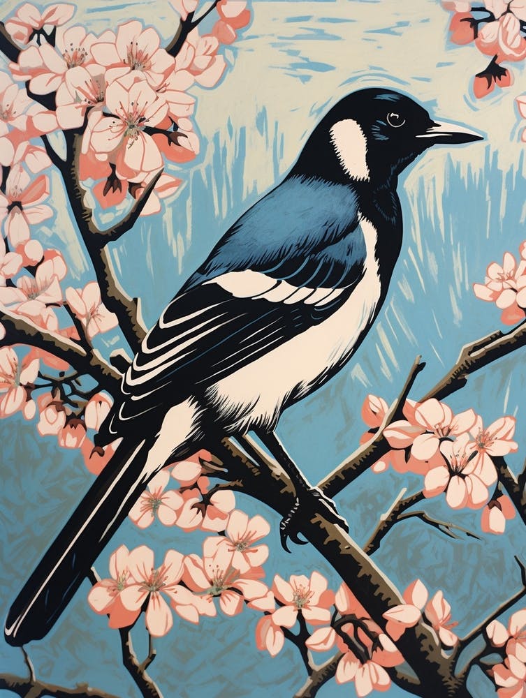 Vintage Bird Linocut Magpie 10