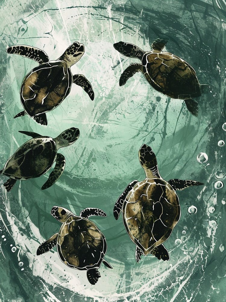 Sea Turtles In An Underwater World Textured Illustration 1
