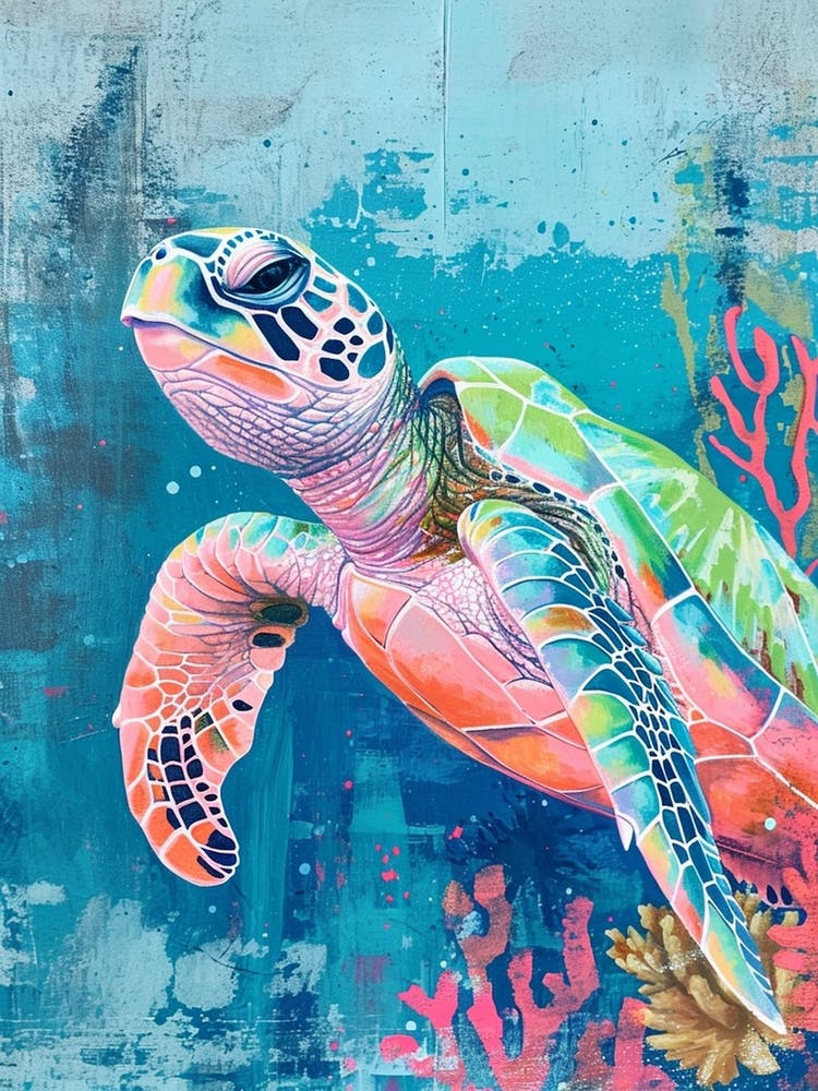 Pastel Sea Turtle With The Coral 2