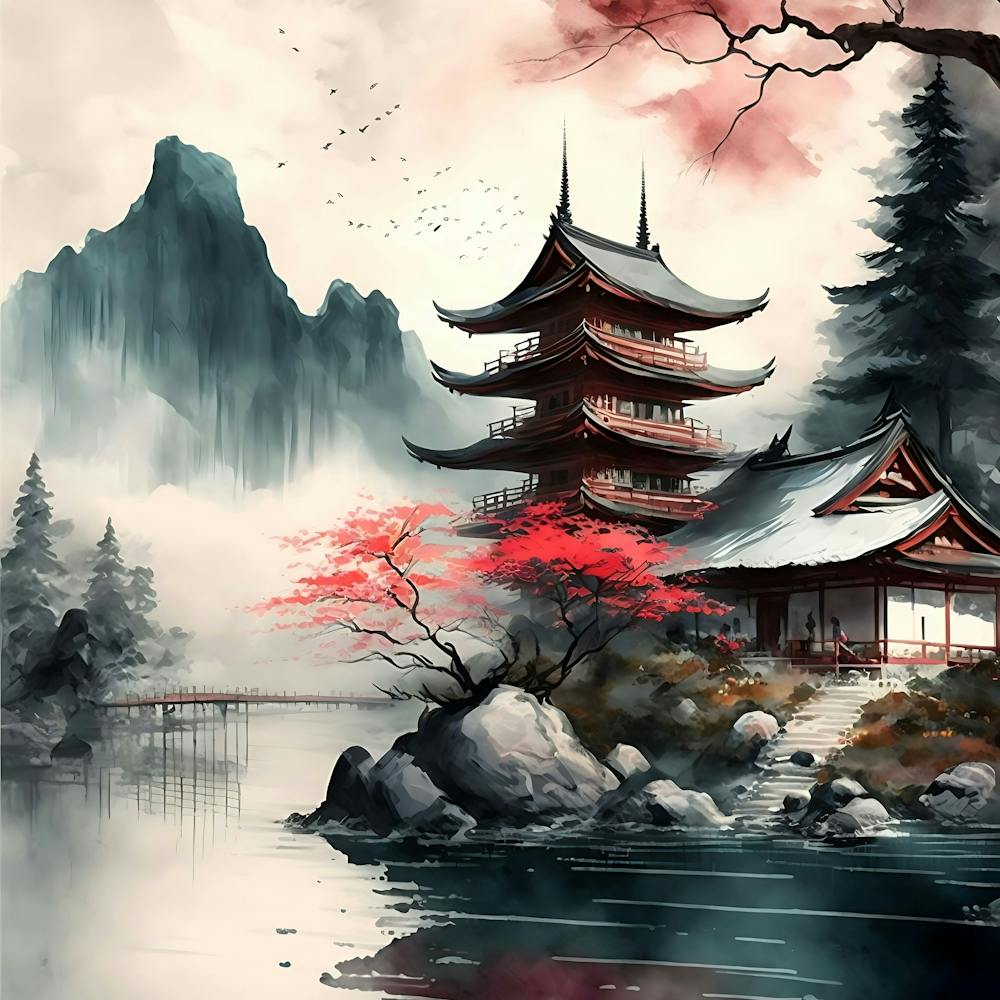 Temple Japan Nature Kyoto Landscape Mountain Japanese Lake Digital Art Painting Art