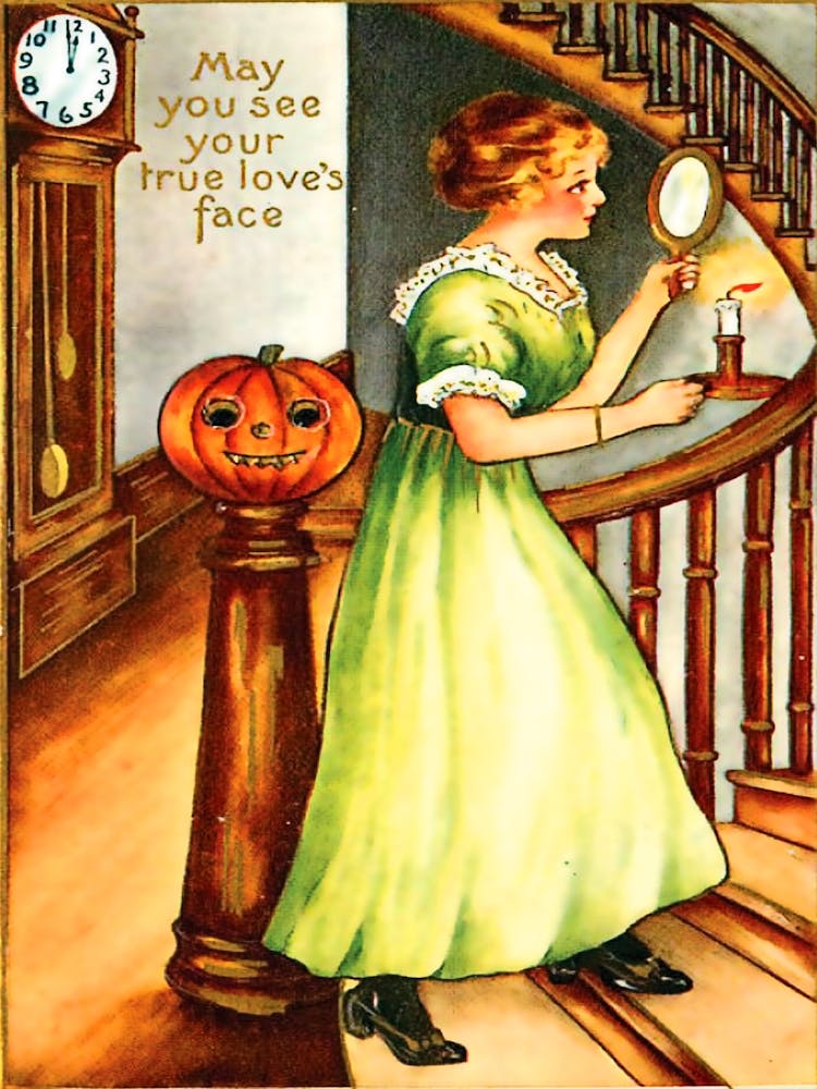 Young Woman With Mirror On Halloween