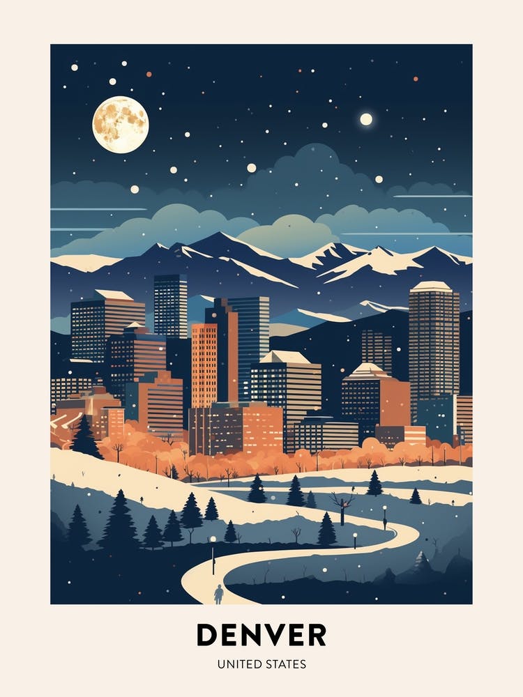 Winter Night  Travel Poster Denver Colorado 1