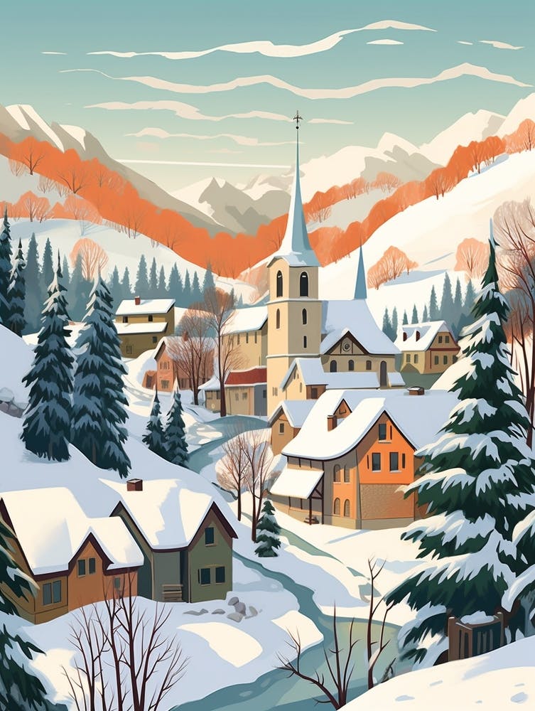 Vintage Winter Travel Illustration Transylvania Romania 2