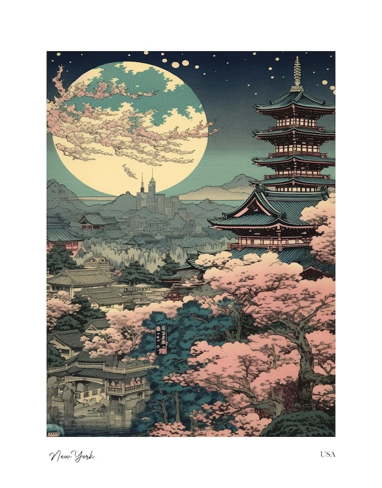 New York Usa Woodblock 2 Watercolour Travel Poster