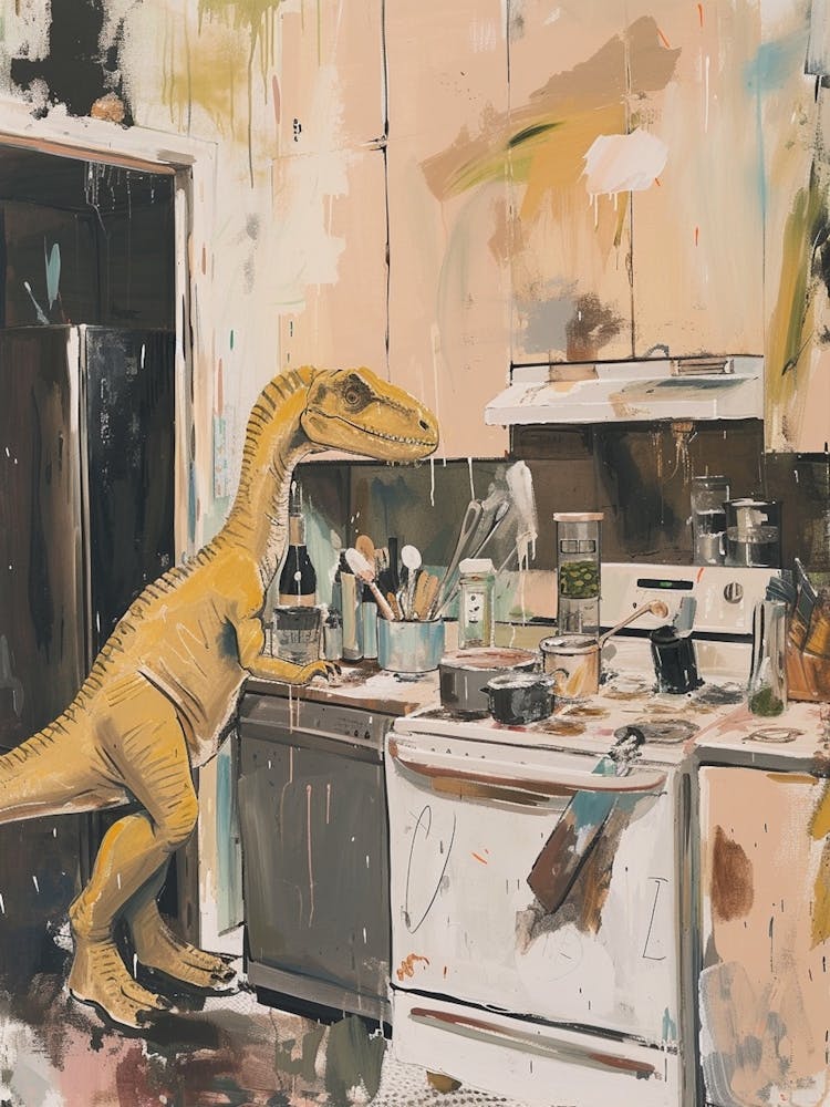 Dinosaurier kocht in der Küche Pastellmalerei 1