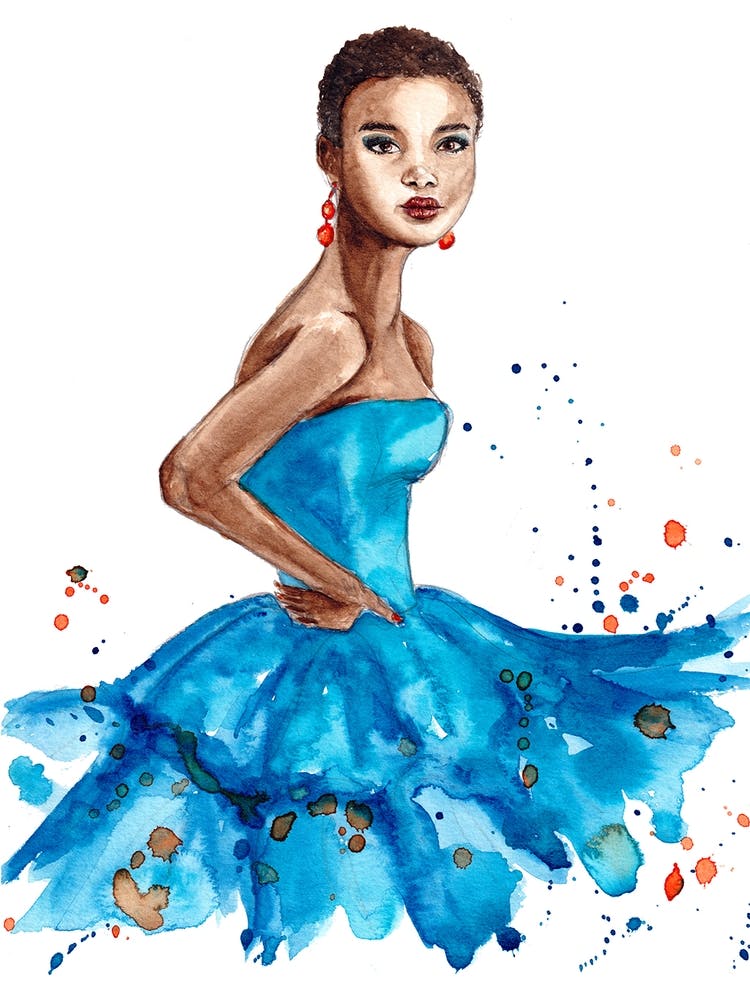 Aquarell-Illustration einer afroamerikanischen Frau in blauem Kleid_ Kunst von Ana Filipa