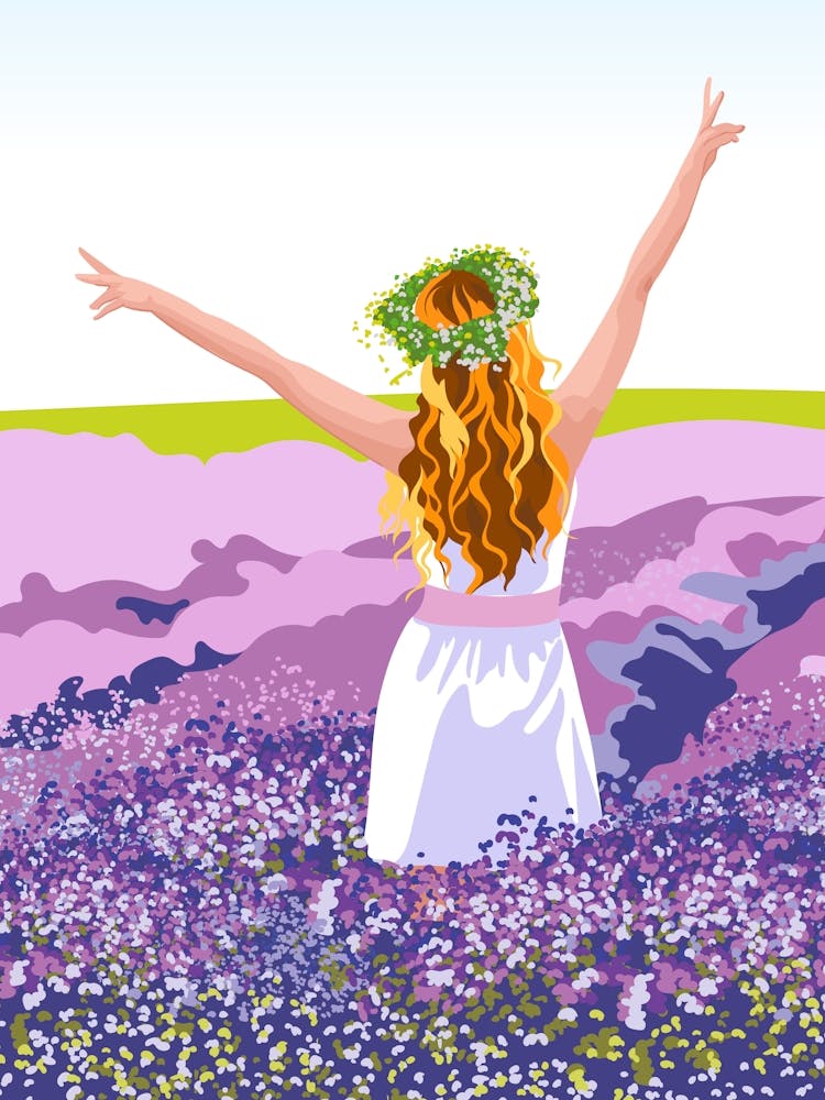 Boho Girl In Lavender Field Of Flowers