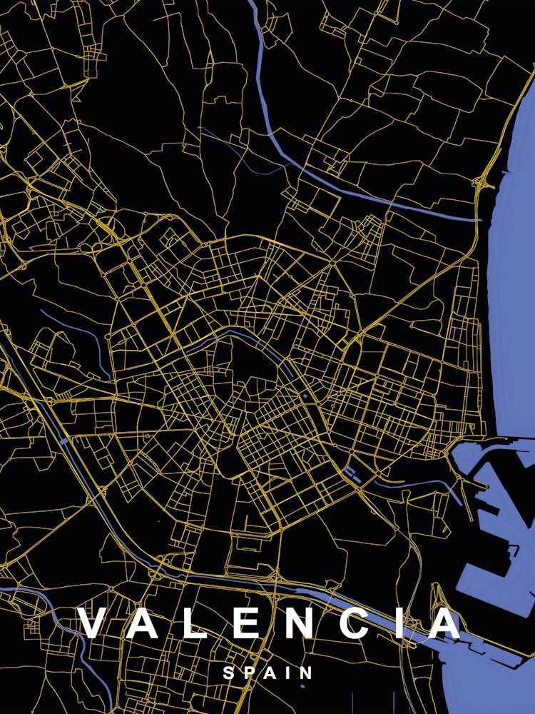 Valencia Spain City Map Black and Gold