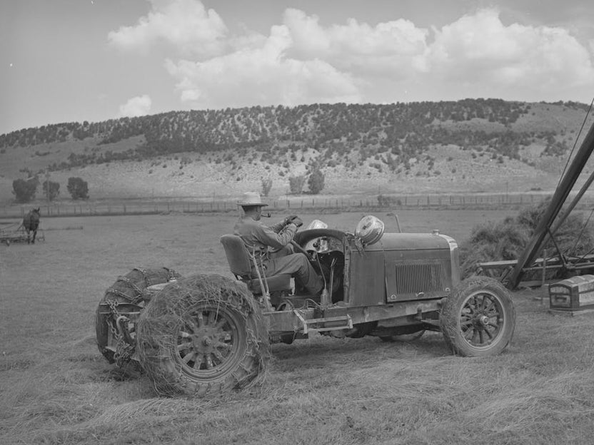 Homemade Tractor Made Of Old Lincoln Car Which Is Now Lifting Power For Hay Stacker, Ouray County, Colorado By