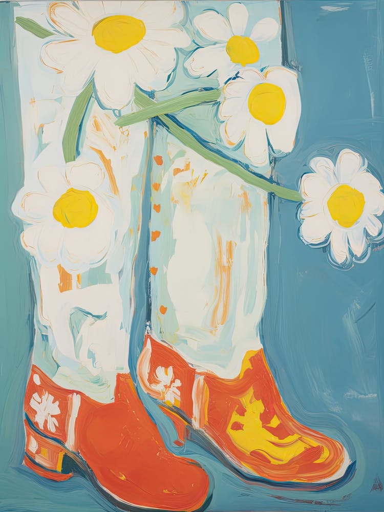 Painting Of Flowers And Cowboy Boots, Oil Style 2