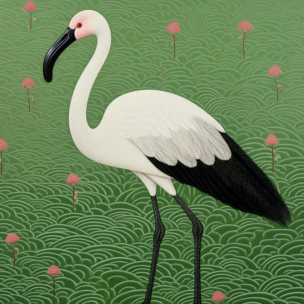 Ohara Koson Inspired Bird Painting Greater Flamingo 1 Square