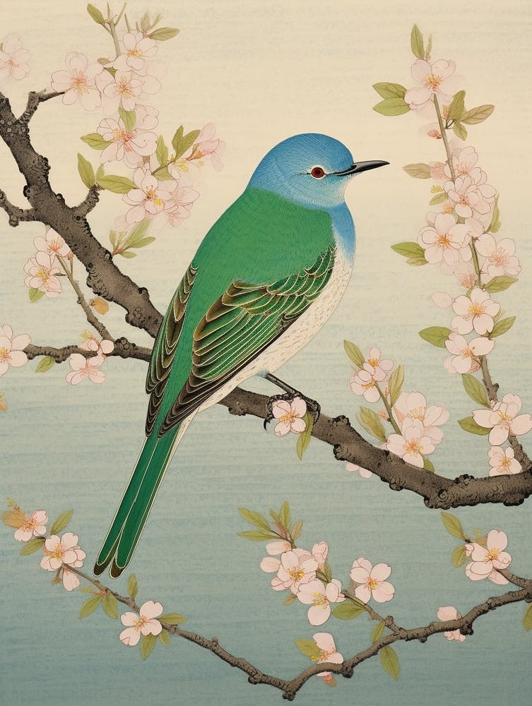 Peinture d'oiseau inspirée par Ohara Koson Merlebleu 1