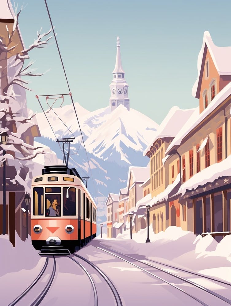Vintage Winter Travel Illustration Chamonix France 2