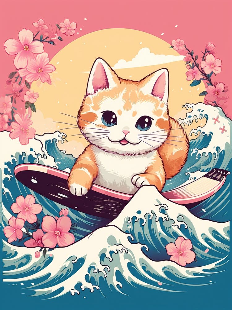 Kawaii Cat Drawings Surfing 2