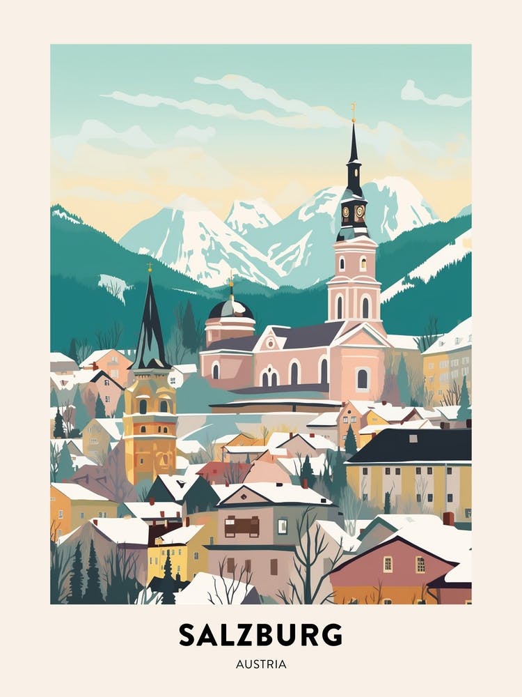 Vintage Winter Travel Poster Salzburg Austria 5