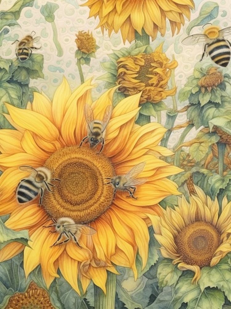 Sunflower Bee Beehive Watercolour Illustration 3