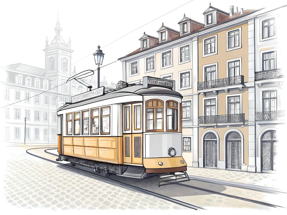 Minimalist Ink Sketch Of Simplified Vintage Tram