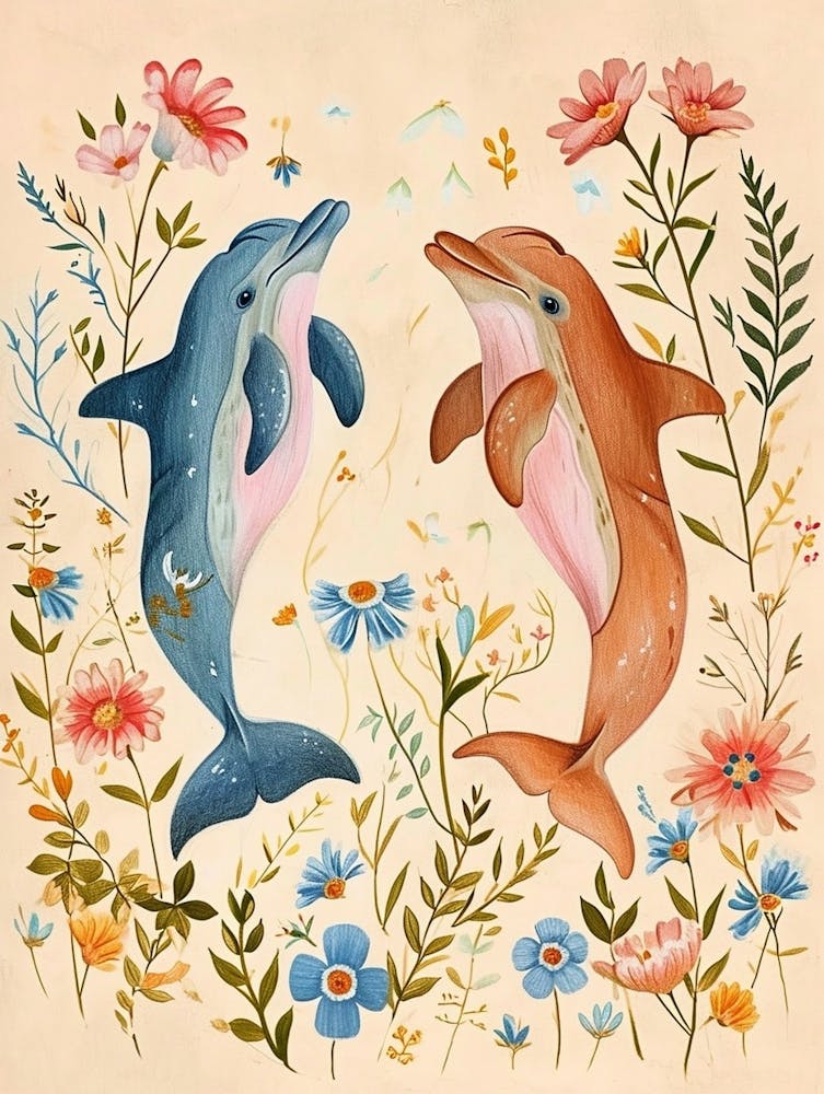 Folksy Floral Animal Drawing Dolphin