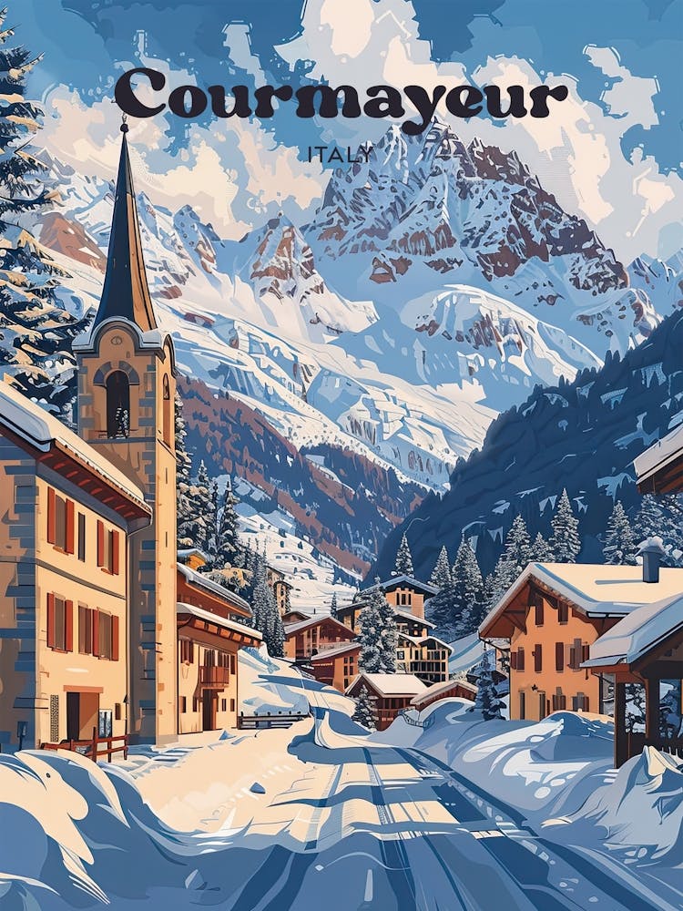 Courmayeur Italien Winterurlaub Reisekunst Illustration