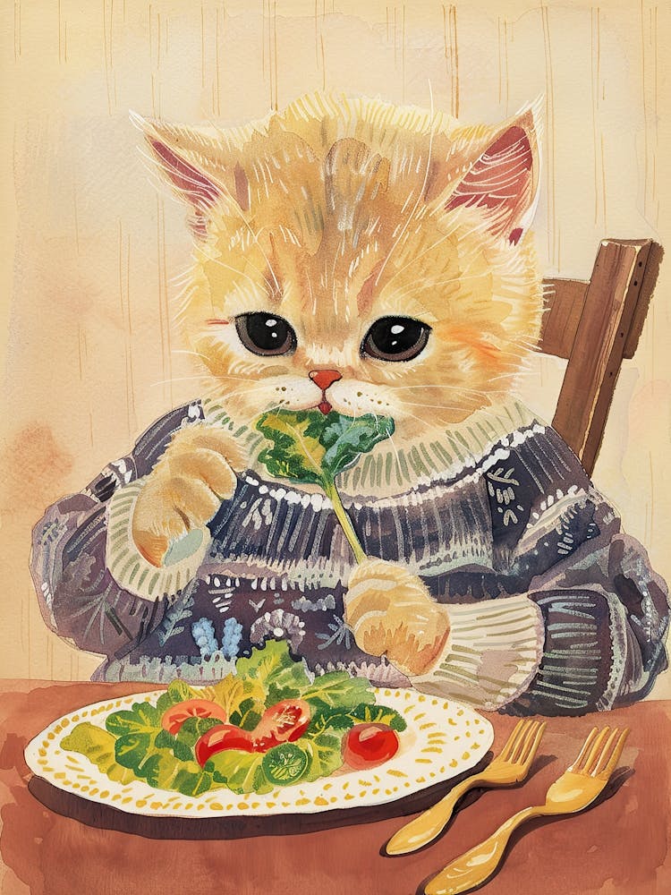 Illustration Folk Chat Fauve Mangeant Une Salade 2
