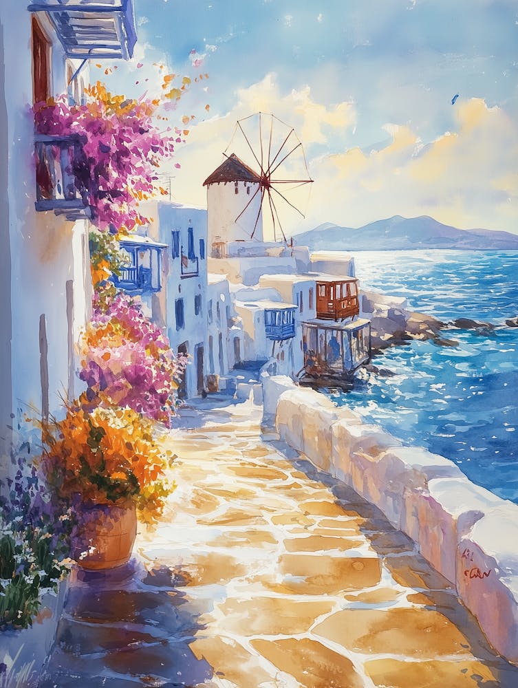 A vibrant watercolor painting of Mykonos