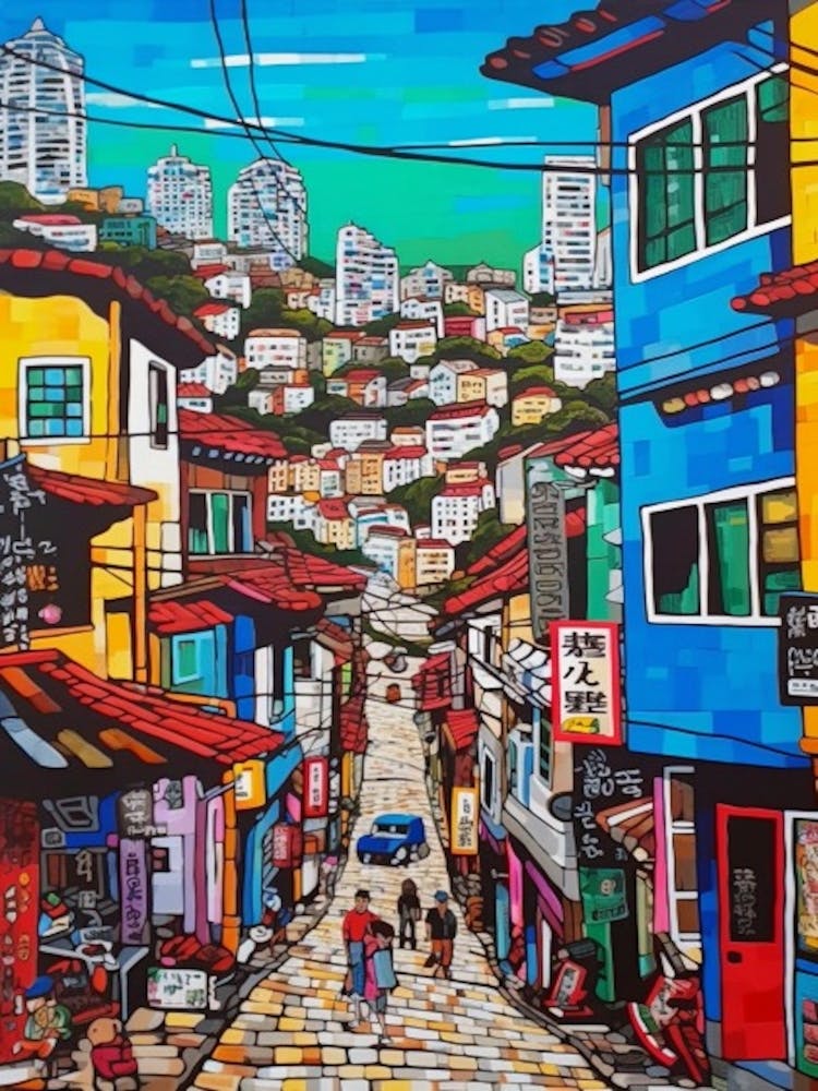 Painting Of Seoul South Korea With A Cat In The Style Of Pop Art 1