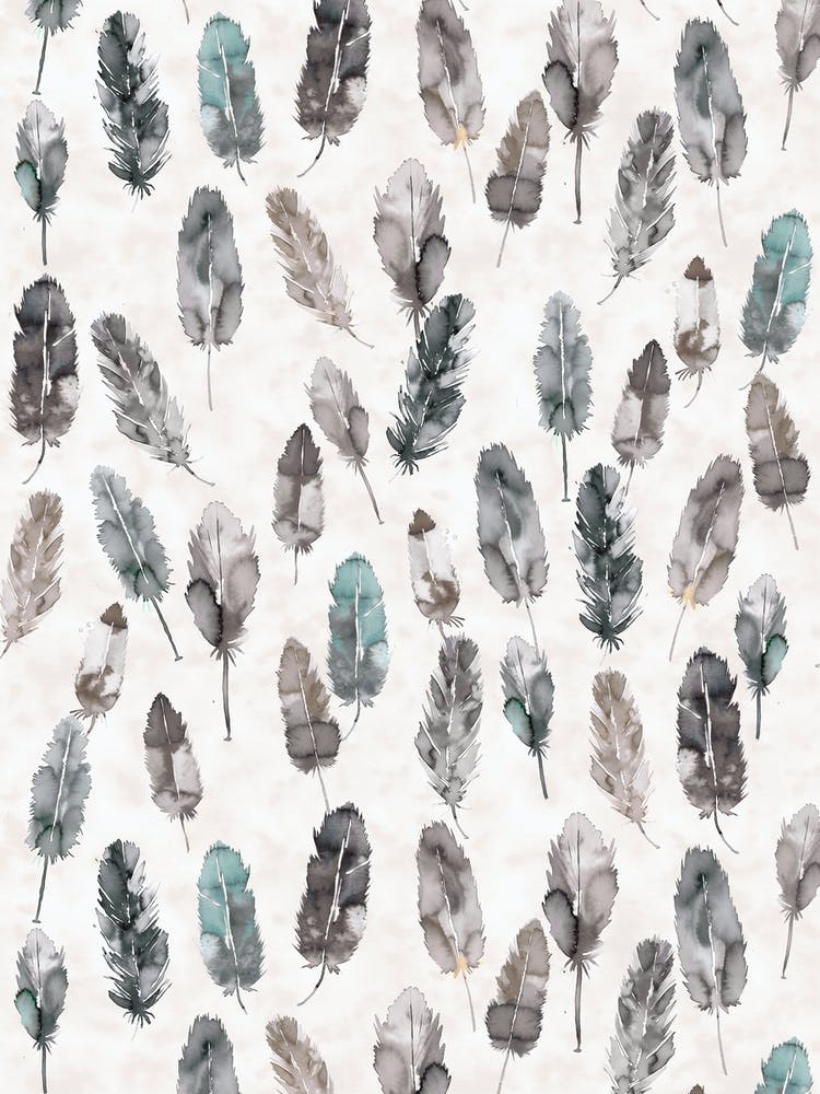 Watercolor Boho Feathers Teal And Grey
