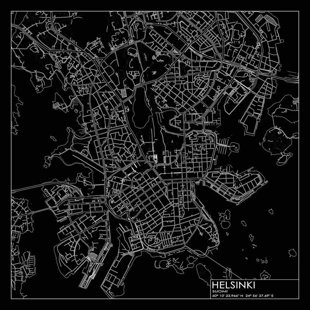 Helsinki Suomi city map white on black blueprint design