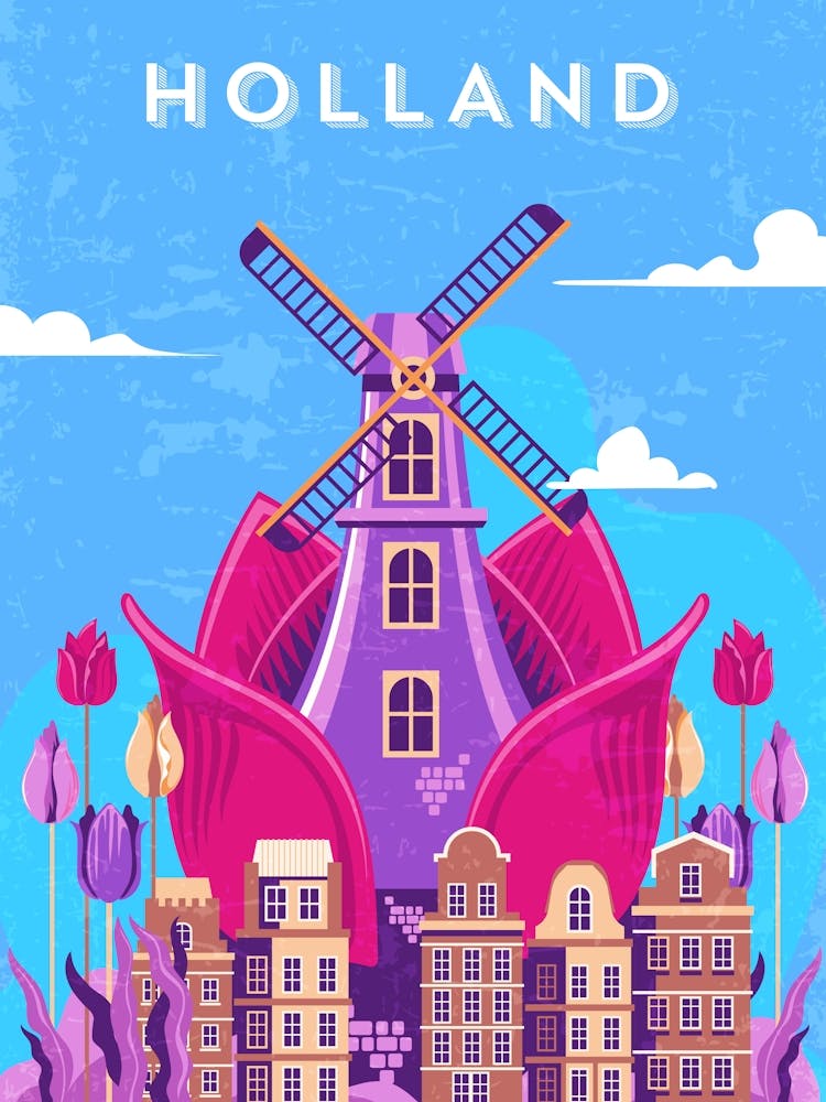 Amsterdam, Netherlands/Holland — Retro travel minimalist poster, retro travel art, retro travel wall art, vector art 3