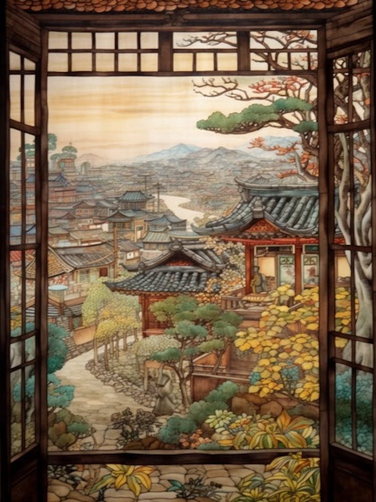 Window View Of Seoul South Korea In The Style Of William Morris 3