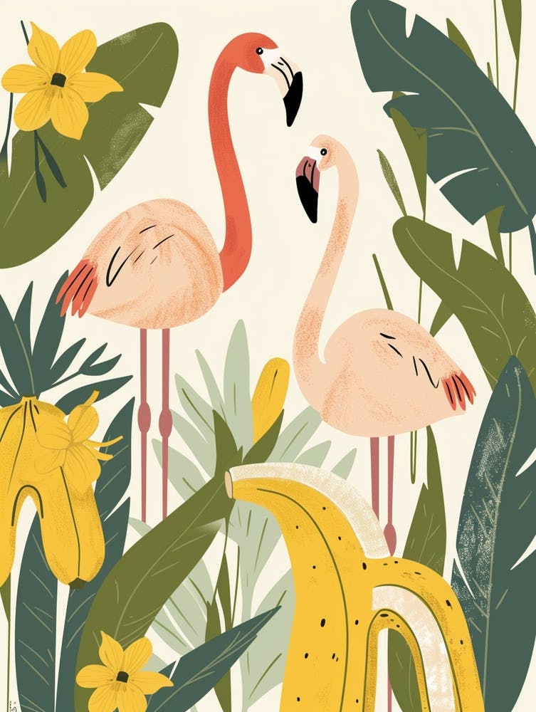 Lesser Flamingo And Banana Plants Minimalist Illustration 4