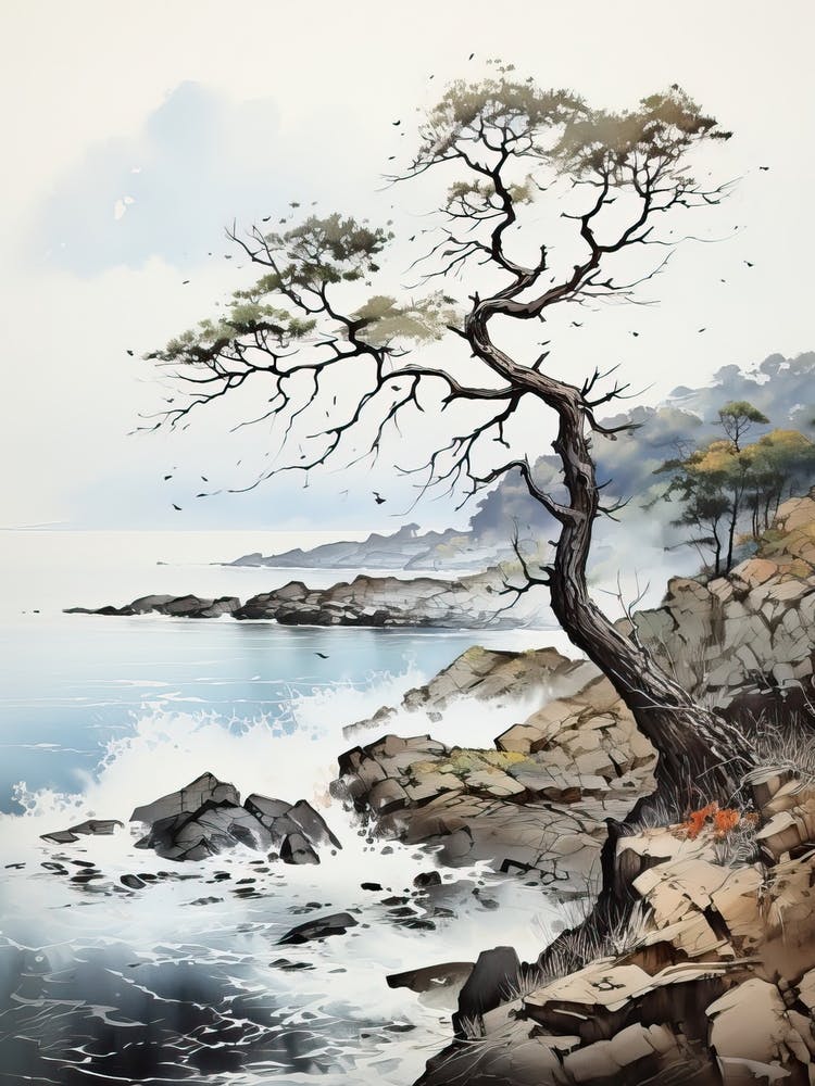 Shiretoko Peninsula In Hokkaido, Japanese Brush Painting, Ukiyo E, Minimal 3