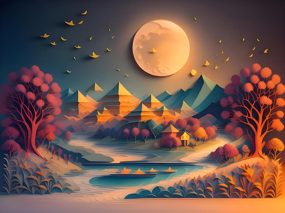 A landscape made of cut paper. Moon shining on mountains, trees and a pond. Birds in the sky.