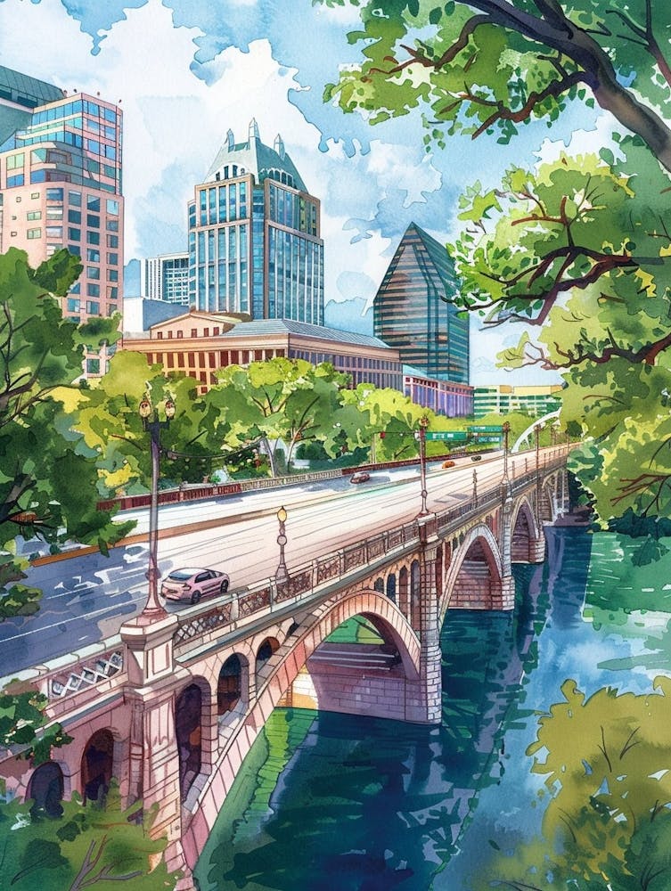 Storybook Illustration Congress Avenue Bridge Austin Texas 4