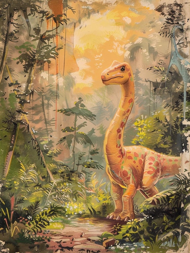 Dinosaur In The Leaves Vintage Storybook Painting