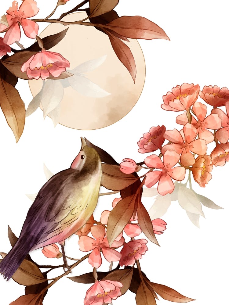 Moonlight Bird Watercolor Botanical