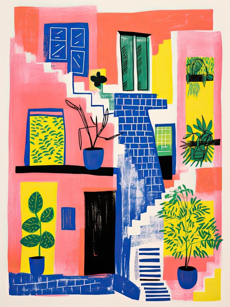 A House In Santorini, Abstract Risograph Style 4