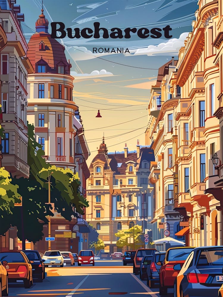 Bucharest Romania Street Travel Illustration