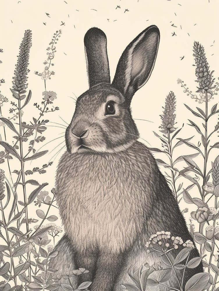 American Sable Black Blockprint Rabbit Illustration 2