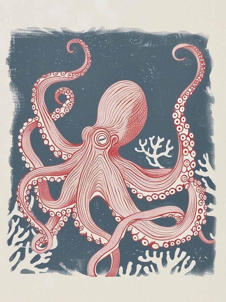 Linocut Inspired Navy Red Octopus With Coral 7