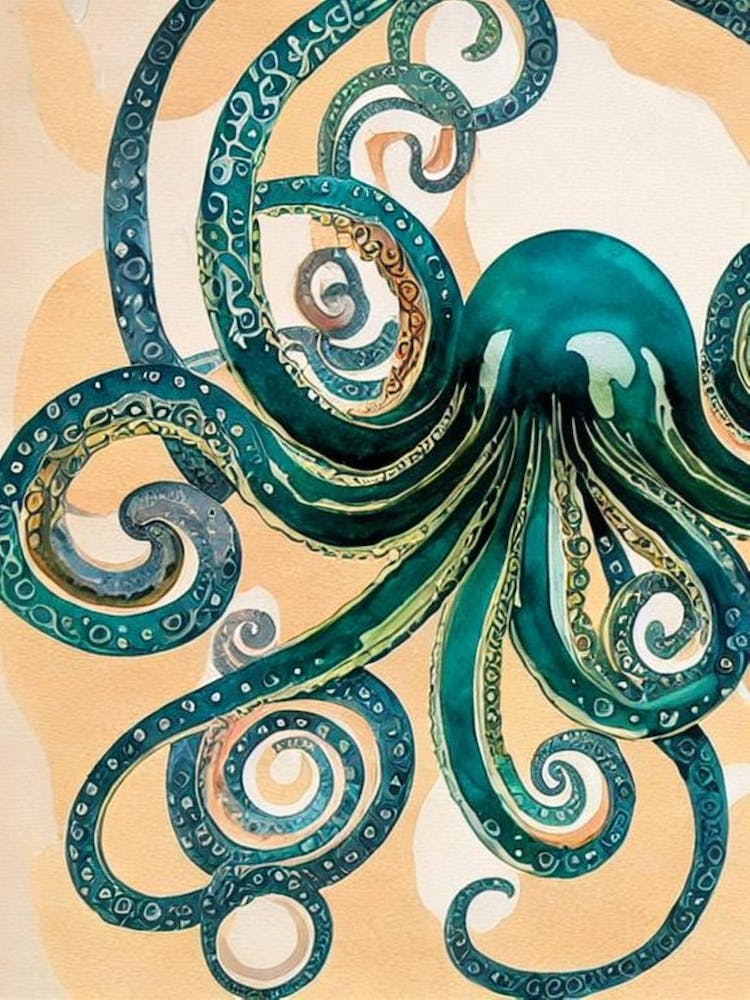 Glass Octopus Vintage Graphic Watercolour