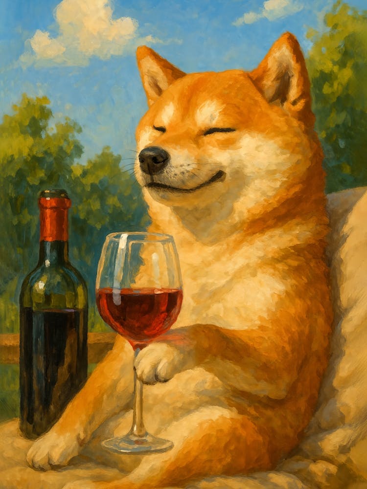 Shiba Inu Wine Time – Funny Doge Summer Painting: A smiling Shiba Inu chills with a glass of red wine in this funny summer scene. Relaxing in nature with cute dog charm and meme flair, this poster blends animal humor, painting style, and peaceful dog art – perfect for wine lovers and dog fans alike.