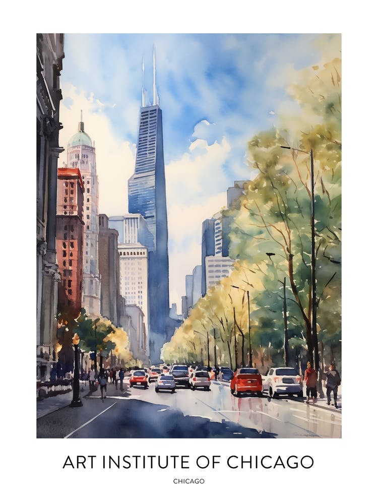 Art Institute Of Chicago Chicago Watercolour Travel Poster